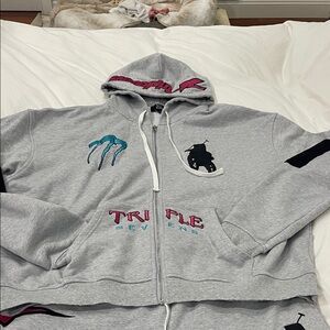 Triple 7 Light Gray Zip-Up Hoodie with Pink and Teal Accents